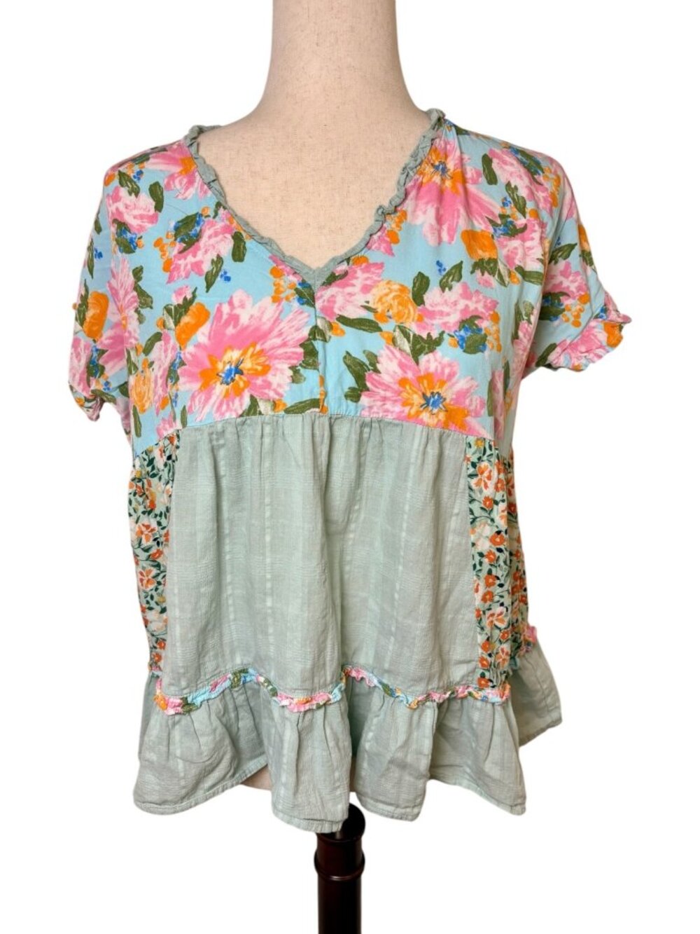 Umgee Blue Green Pink Mixed Floral Ruffle Peplum Boho Blouse Small